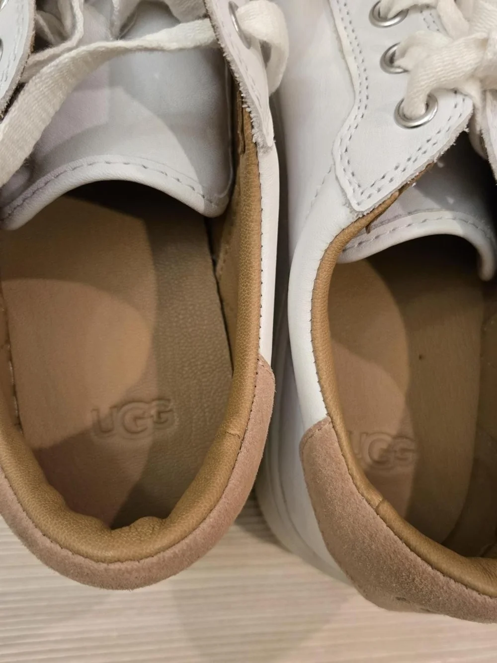 UGG White Leather Low-Top Sneakers with Tan Heel